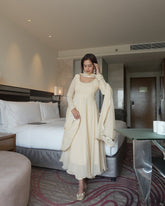 WHITE   COLOURED  WOMEN'S GEORGETTE EMBROIDERED   KURTA  WITH PANT DUPATTA  SET